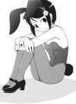  animal_ears breasts bunny_ears bunny_girl bunny_tail bunnysuit cleavage cynthia_the_mission detached_collar flat_chest flower hair_flower hair_ornament knees_on_chest looking_at_viewer manga mary_janes monochrome nakatsuka_yumiko pantyhose rabbit_ears shoes short_hair sitting smile solo strapless tail takatou_rui wrist_cuffs 