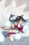  ahri animal_ears bare_shoulders black_hair blue_hair braid breasts brown_eyes ciev cleavage detached_sleeves energy_ball facial_mark fox_ears fox_tail hair_ribbon league_of_legends leaning long_hair looking_at_viewer multicolored_hair multiple_tails ribbon smile solo tail two-tone_hair 