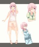  ;) arms_behind_back blush braid character_sheet collarbone haine highres long_hair looking_at_viewer original pink_hair purple_eyes sandals smile solo twin_braids twintails violet_eyes wink 
