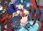 ;d absurdres blue_hair breasts fan fish folding_fan highres holding izuru_(timbermetal) koi light_particles long_hair looking_at_viewer mask mound_of_venus navel open_mouth original ponytail purple_eyes smile solo thigh-highs thighhighs violet_eyes water wink wrist_cuffs 