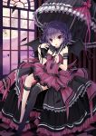  :o bare_shoulders bat_wings black_legwear blue_hair checkered checkered_floor dress highres holding purple_eyes purple_hair remilia_scarlet ribbon single_thighhigh solo thigh-highs thighhighs tot_(zhxto) touhou umbrella violet_eyes wind window wings 
