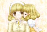  blonde_hair blush cardigan closed_eyes dress dual_persona eyes_closed hair_ornament hairband hairclip highres kise_yayoi kiss multiple_girls necktie open_mouth precure school_uniform short_hair smile smile_precure! time_paradox yellow_eyes yosiaki young 