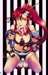  belt between_breasts bikini_top boota breasts character_doll fingerless_gloves gloves hair_ornament heart kamina kneeling large_breasts long_hair looking_at_viewer pink_legwear ponytail red_hair redhead scarf short_shorts shorts simon skull_hair_ornament smile spoken_heart striped striped_background tengen_toppa_gurren_lagann thigh-highs thighhighs tongue very_long_hair vinexsu yellow_eyes yoko_littner 