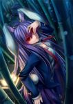  animal_ears bamboo bamboo_forest blazer breasts bunny_ears bunny_tail cleavage forest hand_over_face kaizeru lantern long_hair nature parted_lips purple_hair rabbit_ears red_eyes reisen_udongein_inaba skirt solo tail touhou undone_necktie 