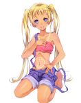  :d amayofuu bare_shoulders blonde_hair blue_eyes blush chuunibyou_demo_koi_ga_shitai! collarbone dekomori_sanae kneeling long_hair looking_at_viewer magic_circle midriff navel open_mouth simple_background smile solo sun_tattoo suspenders tan tanline twintails white_background 