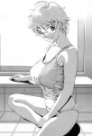  ahoge breasts camisole cleavage cynthia_the_mission glasses highres huge_breasts looking_at_viewer midriff monochrome navel panties short_hair smile solo takatou_rui takaya_kanae taut_clothes tile_floor tiles underwear 
