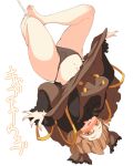  bare_legs barefoot black_panties blush bow brown_eyes brown_hair chiyoshi_(sevendw) feet hair_bow hair_ornament kurodani_yamame looking_at_viewer open_mouth panties simple_background solo spider_web touhou translation_request underwear upside-down web white_background 