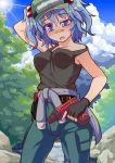  arm_behind_head bandaid_on_nose blue_eyes blue_hair blush breasts drill goggles hair_bobbles hair_ornament hand_drill hat highres jacket_around_waist kawashiro_nitori pants short_hair short_twintails solo sweat tanakara tank_top touhou twintails 