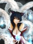  animal_ears animal_tail artist_request bare_shoulders black_hair blonde_hair breasts cleavage facial_mark fox_ears fox_tail highres league_of_legends lips multiple_tails nose open_mouth saliva saliva_trail simple_background tail yellow_eyes zhang_xiao_bo 