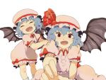  bat_wings blue_hair bow child closed_eyes dress eyes_closed fangs hat hat_ribbon looking_at_viewer open_mouth red_eyes remilia_scarlet ribbon sleeve_tug sutenuko time_paradox touhou wings young 