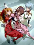  arm_support ayanami_rei baariya blue_eyes blue_hair breasts brown_hair eyepatch glasses green_eyes hair_ornament hairband hand_on_stomach highres long_hair looking_at_viewer makinami_mari_illustrious multiple_girls neon_genesis_evangelion orange_hair plugsuit rebuild_of_evangelion red_eyes shikinami_asuka_langley short_hair smile soryu_asuka_langley souryuu_asuka_langley 