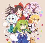  60mai apron ascot black_hair blonde_hair blue_eyes blue_hair bow broom brown_eyes cherry_blossoms chibi detached_sleeves eyes frog_hair_ornament green_eyes green_hair hair_bow hair_ornament hair_tubes hakurei_reimu hands_together hat hitodama katana kirisame_marisa kochiya_sanae konpaku_youmu konpaku_youmu_(ghost) long_hair long_sleeves looking_at_viewer multiple_girls ofuda open_mouth power-up pyonta short_hair short_sleeves skirt skirt_set snake_hair_ornament socks star sweatdrop sword ten_desires touhou tree weapon wide_sleeves witch_hat yellow_eyes yin_yang yumedono_daishibyou 