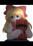  blonde_hair blue_eyes bow commentary_request dynamite hair_bow hammer_(sunset_beach) letterboxed ooedo_explosive_marionette shanghai_doll simple_background smile solo touhou white_background 