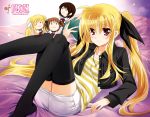  bare_shoulders black_legwear blonde_hair book character_doll collarbone fate_testarossa holding holding_book jewelry kanna_(plum) long_hair lyrical_nanoha mahou_shoujo_lyrical_nanoha mahou_shoujo_lyrical_nanoha_a's necklace open_book sitting skirt smile solo striped takamachi_nanoha thigh-highs thighhighs twintails watermark web_address yagami_hayate 