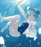 arm_up barefoot beret blue_eyes blue_hair blush cucumber diving feet hat highres kawashiro_nitori looking_at_viewer masaizo open_clothes open_mouth open_shirt school_swimsuit smile solo sunlight swimsuit toes touhou twintails underwater 