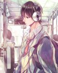 bus headphones highres male mmk0305 motor_vehicle necktie original school_uniform solo vehicle 