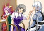  2girls ahoge aura be_(o-hoho) breasts brush calligraphy_brush chair choker derivative_work food glasses grey_eyes grey_hair jealous katana long_hair long_sleeves morichika_rinnosuke multiple_girls open_mouth paintbrush paper parody ponytail puffy_sleeves purple_eyes purple_hair short_hair short_sleeves sitting sweatdrop sword table touhou tsuyokiss very_long_hair violet_eyes watatsuki_no_toyohime watatsuki_no_yorihime weapon white_hair 