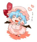  bat_wings blue_hair child closed_eyes eyes_closed fang hat hat_ribbon heart open_mouth outstretched_arms outstretched_hand remilia_scarlet ribbon shirt short_hair short_sleeves simple_background skirt skirt_set smile solo takamura touhou translated uu~ white_background wings young 