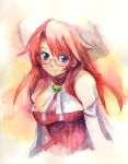  aty blue_eyes blush brooch bust cape glasses hat jewelry long_hair looking_at_viewer osusitan red_hair redhead ribbed_sweater smile solo summon_night summon_night_3 sweater traditional_media watercolor_(medium) 