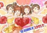  4girls brown_hair cheering cheerleader futami_ami futami_mami hair_ornament highres idolmaster jyon looking_at_viewer midriff minase_iori miniskirt multicolored_background multiple_girls open_mouth outstretched_arms pink_eyes pom_poms skirt sleeveless smile solo spread_arms takatsuki_yayoi wink yellow_eyes 