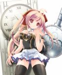  ahoge bare_shoulders black_legwear breasts character_request clock long_hair looking_at_viewer momoiro_taisen_pairon nagato_tamakichi pink_hair red_eyes roman_numerals skirt solo thigh-highs thighhighs 