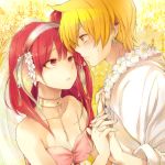  1girl ali_baba_saluja bare_shoulders blonde_hair blush breasts cleavage collarbone couple earrings eye_contact flower hairband hand_holding holding_hands hutuumikan jewelry long_hair looking_at_another magi_the_labyrinth_of_magic morgiana one_side_up red_eyes red_hair redhead yellow_eyes 