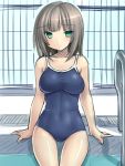  aqua_eyes bare_shoulders blush breasts clothed_navel fence impossible_clothes impossible_swimsuit long_hair one-piece_swimsuit original silver_hair sitting sketch solo swimsuit thigh_gap tsukumiya_amane water 