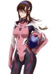  animal_helmet blue_eyes brown_hair clothed_navel evangelion:_3.0_you_can_(not)_redo glasses hairband helmet highres liuruoyu8888 long_hair makinami_mari_illustrious neon_genesis_evangelion plugsuit rebuild_of_evangelion simple_background smile solo twintails 