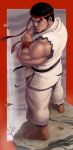  absurdres barefoot black_hair brown_eyes crossed_arms dougi from_above frown headband highres leaf long_image looking_back manly muscle ryuu_(street_fighter) sakkan short_hair solo street_fighter tall_image wristband 