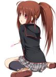  brown_hair cat_teaser from_behind little_busters!! long_hair looking_back natsume_rin plaid plaid_skirt ponytail red_eyes school_uniform sitting skirt solo toguro_(ojui0101) wariza 