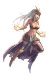  armlet armor bare_shoulders breasts cleavage copyright_request gauntlets greaves grey_hair krenz long_hair midriff open_mouth original solo thighhighs 