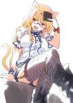  1girl blonde_hair boots breasts cat cat_tail fang garter_straps glasses hand_on_head holding leg_up long_hair notepad open_mouth original pine red_eyes simple_background sitting smile solo tail thigh-highs wrist_ribbon 