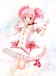  :d blush bow bubble_skirt collarbone dress gloves hair_bow hotbuggy kaname_madoka legs_up magical_girl mahou_shoujo_madoka_magica open_mouth pink_eyes pink_hair ribbon_choker smile solo twintails 