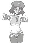  breasts cabbie_hat chinese_clothes contemporary drawfag fingerless_gloves gloves hat jiangshi midriff miyako_yoshika monochrome multiple_belts navel ofuda orz_(orz57) outstretched_arms pants short_hair solo star thigh_gap touhou underboob zombie_pose 