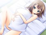  baka_to_test_to_shoukanjuu barefoot bed blush brown_hair covering_chest frown green_eyes hair_ornament hairclip hug karukanko kinoshita_hideyoshi looking_at_viewer lying male nude on_back pillow pillow_hug short_hair smile solo trap 