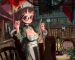  apron blush book breasts brown_eyes brown_hair cleavage cross deathsmiles dress follett glasses hat large_breasts looking_at_viewer short_hair solo wand xanado 