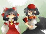  black_wings blush bow hair_bow hair_tubes hakurei_reimu hammer_(sunset_beach) hat long_hair multiple_girls shameimaru_aya short_hair smile touhou wings 