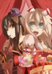  absurdres back-to-back black_hair blue_eyes breasts brown_hair chocolate_bar chocolate_cake cleavage curtains flower food fruit gloves highres jonasan long_hair mini_hat mouth_hold multiple_girls open_mouth original smile spoon strawberry 