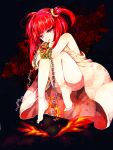  1girl barefoot chain chains cuffs feet fire knees_on_chest leg_hug magi_the_labyrinth_of_magic morgiana red_hair redhead sad sadness shackles side_ponytail solo 