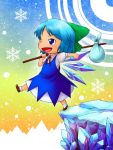  1girl blue_eyes blue_hair blush bow chibi cirno dress hair_bow ice ice_wings k_z mountain open_mouth ribbon snow snowflakes snowing solo stick tarot the_fool_(tarot_card) touhou wings 