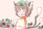  animal_ears bow brown_hair cat_ears cat_tail chen closed_eyes comic dress flower komaku_juushoku multiple_tails open_mouth red_dress short_hair silent_comic smile solo tail touhou 