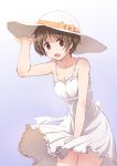  absurdres brown_hair chuunibyou_demo_koi_ga_shitai! dress hand_on_hat hat highres red_eyes short_hair solo sun_hat sundress tsuyuri_kumin yinzhai 