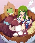  banana blush breasts chocolate detached_sleeves eating food frog_hair_ornament fruit green_eyes green_hair hair_ornament hair_tubes highres ice_cream_cone in_food kochiya_sanae long_hair oversized_object pocky pokey skirt smile snake_hair_ornament solo spoon tachibana_(pixiv) touhou 