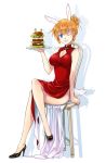  agahari animal_ears blue_eyes blush breasts bunny_ears bunny_tail chair charlotte_e_yeager china_dress chinese_clothes cleavage cleavage_cutout crossed_legs female food grin hair_up hamburger high_heels large_breasts orange_hair rabbit_ears shoes sitting smile solo strike_witches tail tray wink 