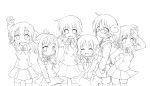  blush closed_eyes eyes_closed glasses hidamari_sketch highres hiro lineart miyako monochrome multiple_girls nazuna nori patiro sae school_uniform skirt smile yuno 