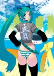  aqua_eyes aqua_hair ass black_legwear blush building detached_sleeves from_behind hatsune_miku headwear_removed helmet helmet_removed holding long_hair looking_back masao motor_vehicle no_pants panties scooter skindentation skyscraper smile solo striped striped_panties thigh-highs thighhighs twintails underwear vehicle very_long_hair vespa vocaloid 