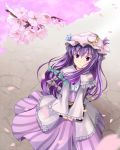  book cherry_blossoms crescent hat highres long_hair patchouli_knowledge purple_eyes purple_hair qiuzhi_huiyi solo touhou very_long_hair violet_eyes 