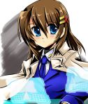  1girl blue_eyes blush brown_hair dasuto hair_ornament jacket_on_shoulders long_hair long_sleeves lyrical_nanoha mahou_senki_lyrical_nanoha_force military military_uniform necktie solo uniform yagami_hayate 