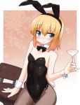  animal_ears bare_shoulders blonde_hair blue_eyes blush bowtie bunny_ears bunny_tail bunnysuit chair detached_collar flat_chest goblet kt2 original pantyhose rabbit_ears short_hair smile tail wrist_cuffs 