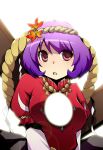  breasts gala_insania hair_ornament leaf leaf_on_head open_mouth purple_hair red_eyes shimenawa short_hair solo touhou white_background yasaka_kanako 